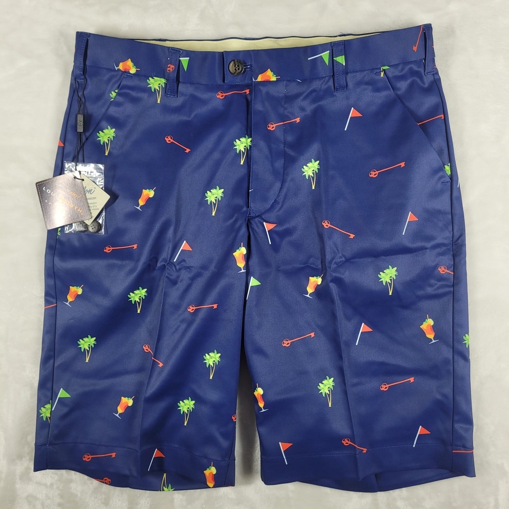 Loudmouth Shorts Men's 32 Blue Hideaway Stretch Golf Cocktails Keys Flags NWT